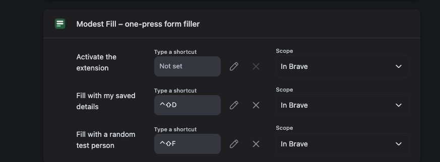 The Modest Fill card on the browser's extension shortcuts page, with both shortcuts set and Scope set to In Brave